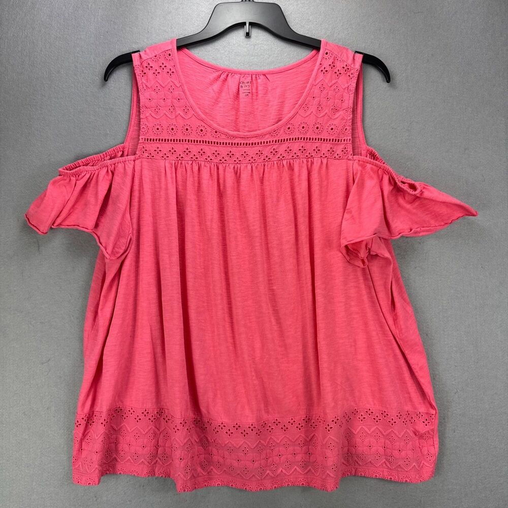 Crown & Ivy Top 3X Plus Coral Eyelet Trim Flutter Sleeve 100% Cotton Knit